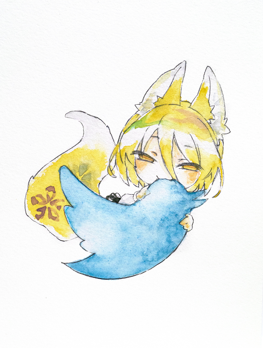 ikeda ruriko, kudamaki tsukasa, touhou, commission, pixiv commission, 1girl, animal ears, biting, blonde hair, chibi, fox ears, fox tail, looking at viewer, solo, tail, twitter logo, white background, yellow eyes