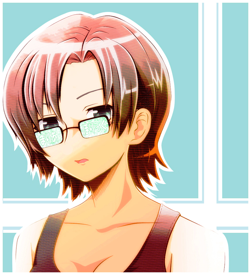 tanashi (mk2), kiri nanami, maria holic, translated, 00s, 1girl, breasts, cleavage, female focus, glasses, green eyes, medium breasts, red hair, short hair, solo, tank top