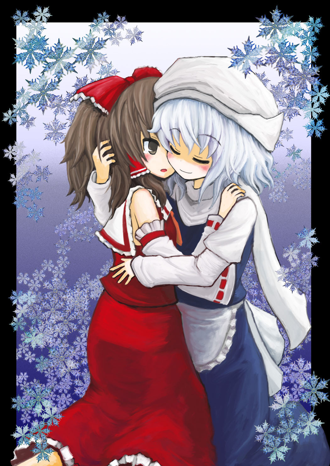 mugi (banban53), hakurei reimu, letty whiterock, migi (kiseijuu), perfect cherry blossom, touhou, highres, 2girls, blush, bow, brown eyes, brown hair, closed eyes, detached sleeves, female focus, hair bow, hat, hug, japanese clothes, miko, multiple girls, scarf, smile, snowflakes, white scarf