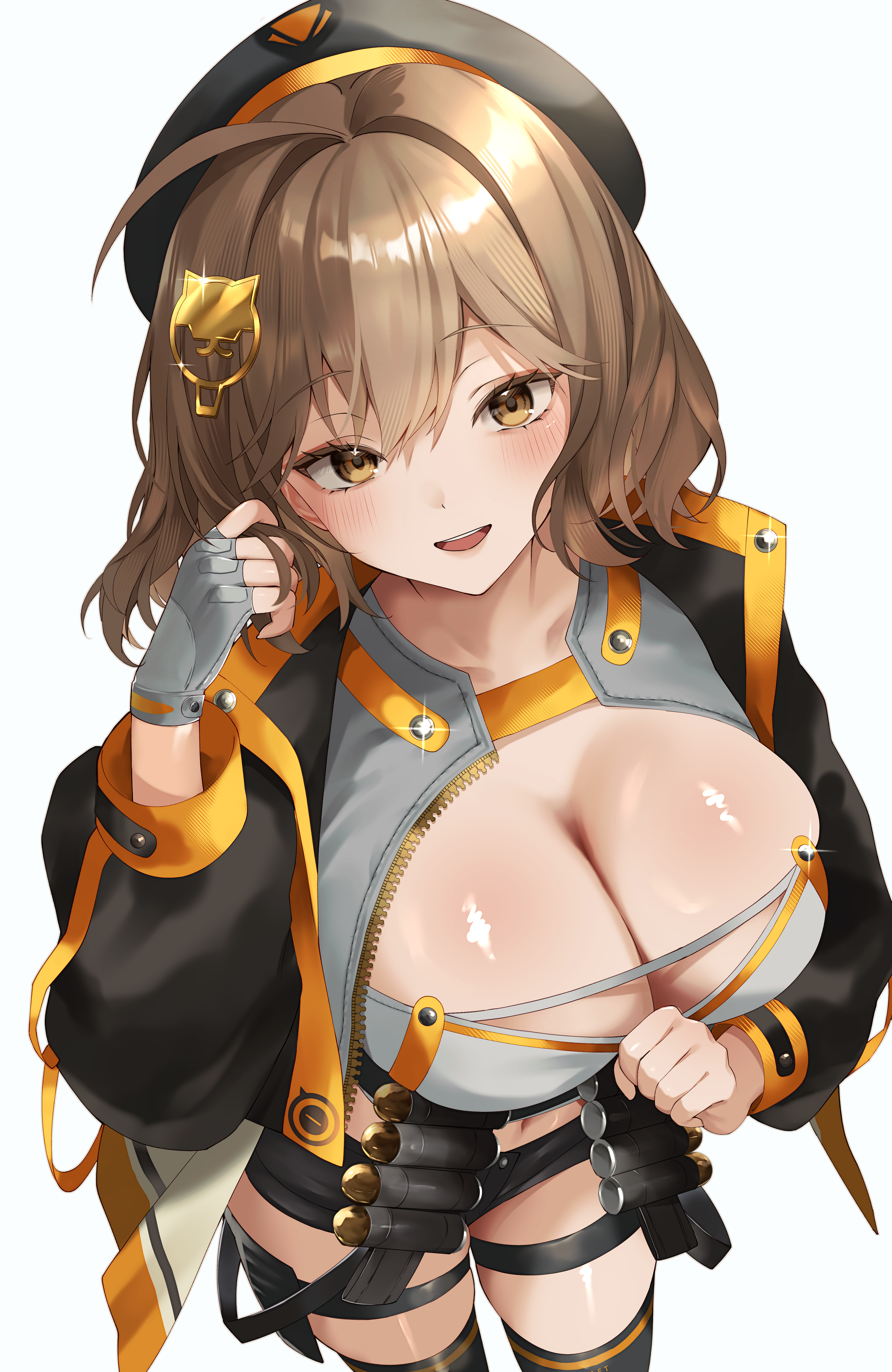 nigi (ngmnoym), anis (nikke), goddess of victory: nikke, absurdres, highres, 1girl, ahoge, ammunition belt, beret, black hat, black jacket, black shorts, black thighhighs, blush, breasts, brown eyes, brown hair, cat hair ornament, cleavage, fingerless gloves, gloves, grey gloves, hair ornament, hand in own hair, hat, huge breasts, jacket, large breasts, long sleeves, looking at viewer, midriff, navel, open mouth, shiny skin, short hair, short shorts, shorts, simple background, smile, solo, tank top, teeth, thigh strap, thighhighs, thighs, upper teeth only, valentine, white background, white tank top