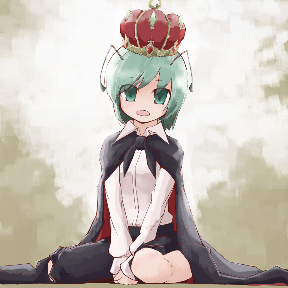 nakedgeneral, wriggle nightbug, touhou, 1girl, antennae, cape, crown, female focus, gradient background, green eyes, green hair, hat, matching hair/eyes, solo, white background