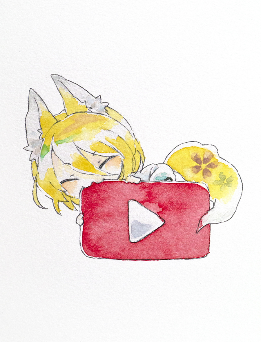 ikeda ruriko, kudamaki tsukasa, touhou, commission, pixiv commission, 1girl, animal ears, biting, blonde hair, chibi, closed eyes, fox ears, fox tail, looking at viewer, solo, tail, white background, yellow eyes, youtube logo
