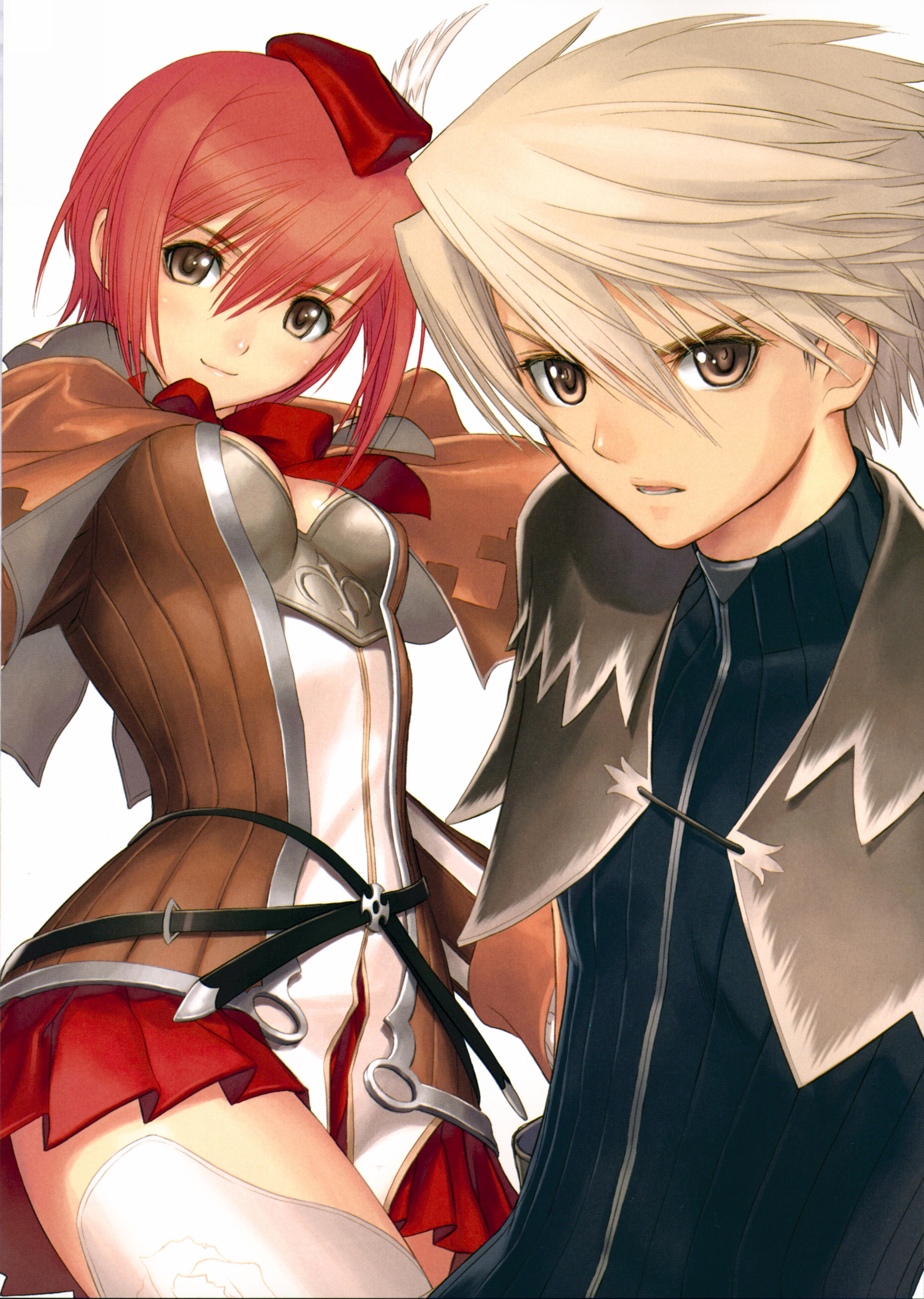 tony taka, kaito kiriya, seena kanon, sega, shining (series), shining wind, absurdres, highres, 1boy, 1girl, blonde hair, breasts, brown eyes, cleavage, medium breasts, red hair, short hair, skirt, thighhighs, zettai ryouiki