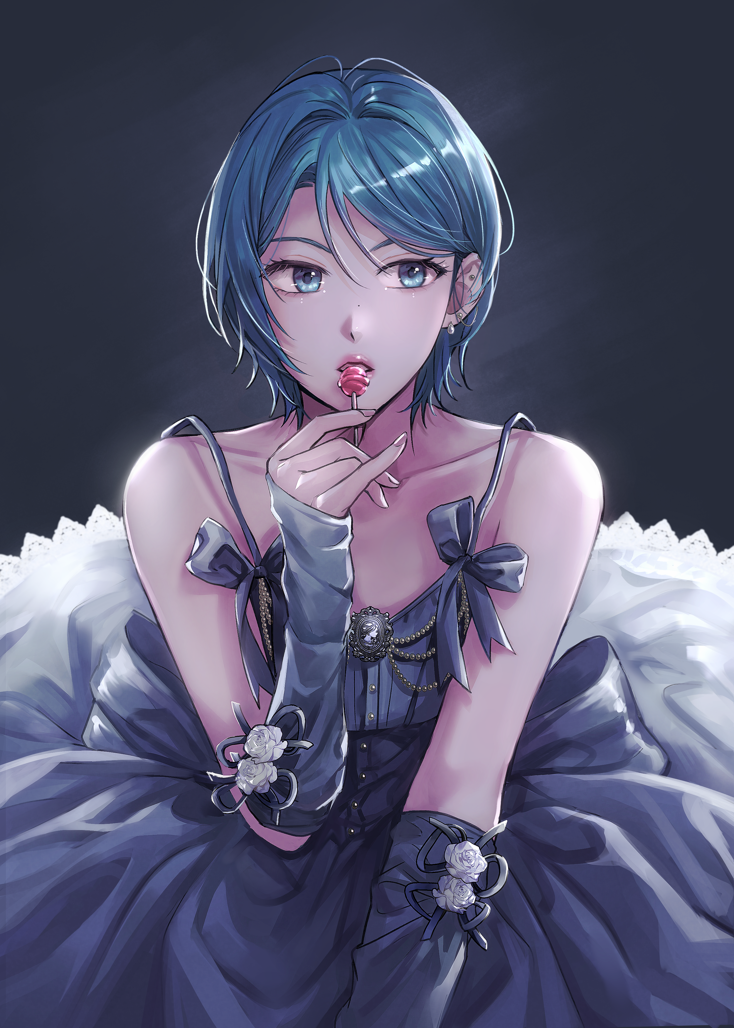 imy, original, absurdres, highres, 1girl, aqua eyes, aqua hair, blue dress, candy, collarbone, detached sleeves, dress, ear piercing, earrings, fingernails, flower, food, gem, hair intakes, holding, holding candy, holding food, holding lollipop, jewelry, lace, lace-trimmed skirt, lace trim, lollipop, looking to the side, mole, mole on nose, parted bangs, piercing, pink lips, rose, short hair, skirt, sleeves past wrists, solo, upper body, white flower, white rose