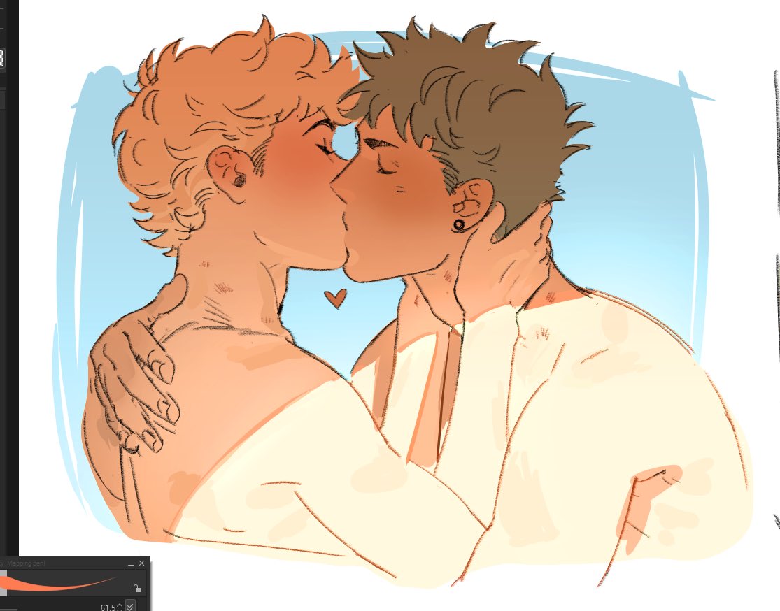 isa (babeyxiao), kuramochi youichi, narumiya mei, ace of diamond, commentary, english commentary, 2boys, art program in frame, blonde hair, blue background, closed eyes, couple, earrings, french kiss, from side, green hair, heart, hickey, jewelry, kiss, male focus, multiple boys, nude, short hair, yaoi
