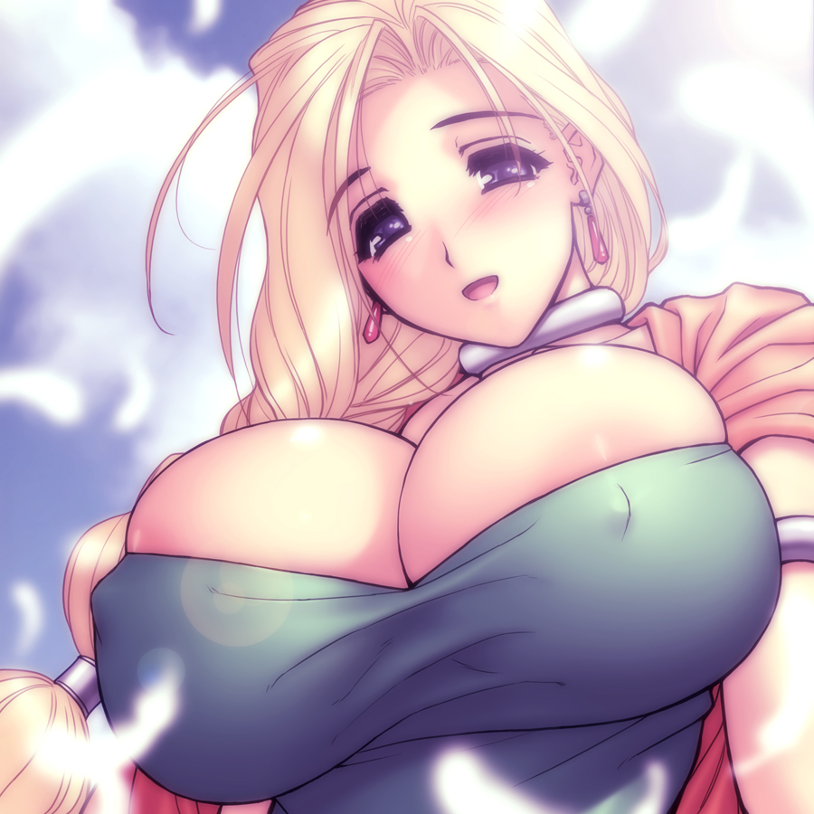 magaki ryouta, bianca (dq5), dragon quest, dragon quest v, 1girl, areola slip, blonde hair, blue eyes, blush, braid, breasts, bursting breasts, cloud, covered erect nipples, day, earrings, feathers, female focus, hair over shoulder, huge breasts, jewelry, large areolae, long hair, single braid, sky, smile, solo