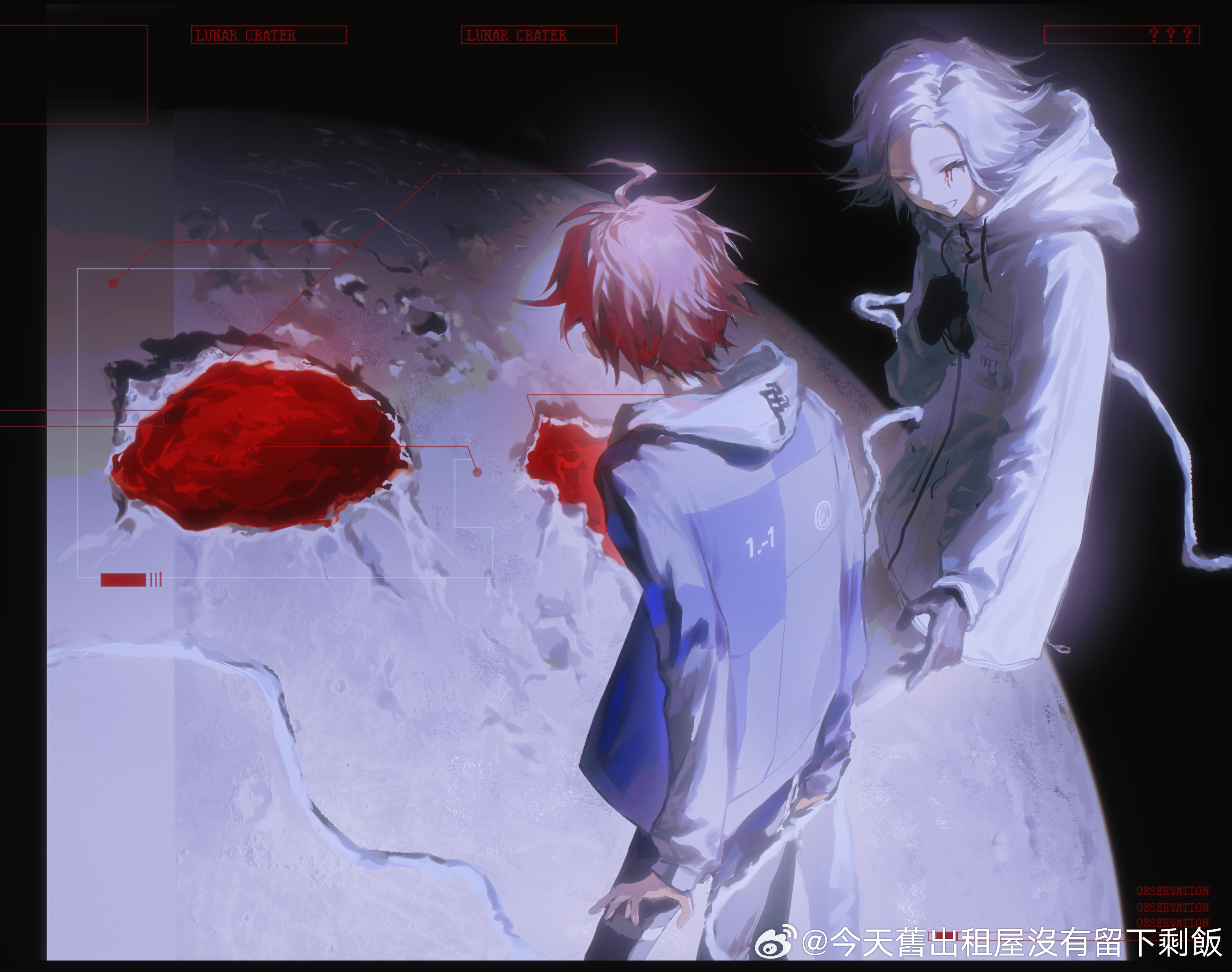 mint1618680, aotsuki eito, sumino takumi, the hundred line -last defense academy-, absurdres, highres, 2boys, ahoge, black gloves, blood, bloody tears, coat, crater, eyelashes, facing another, gloves, grey hair, grey jacket, hood, hood down, jacket, long sleeves, male focus, missing eye, moon, multiple boys, on moon, red hair, short hair, white coat