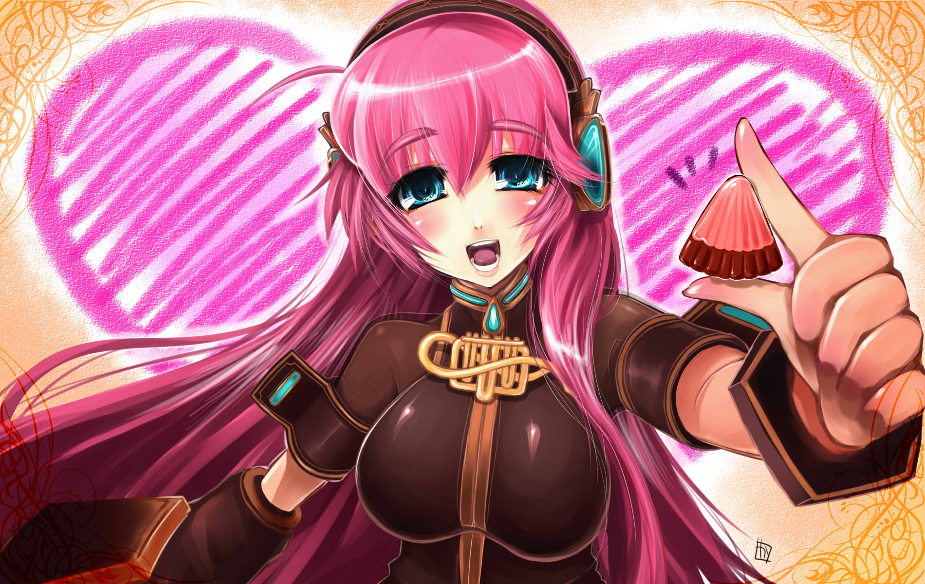 shimizukaeru, megurine luka, apollo chocolate, vocaloid, highres, 1girl, blue eyes, blush, breasts, chocolate, female focus, heart, large breasts, long hair, pink hair, smile, solo, valentine