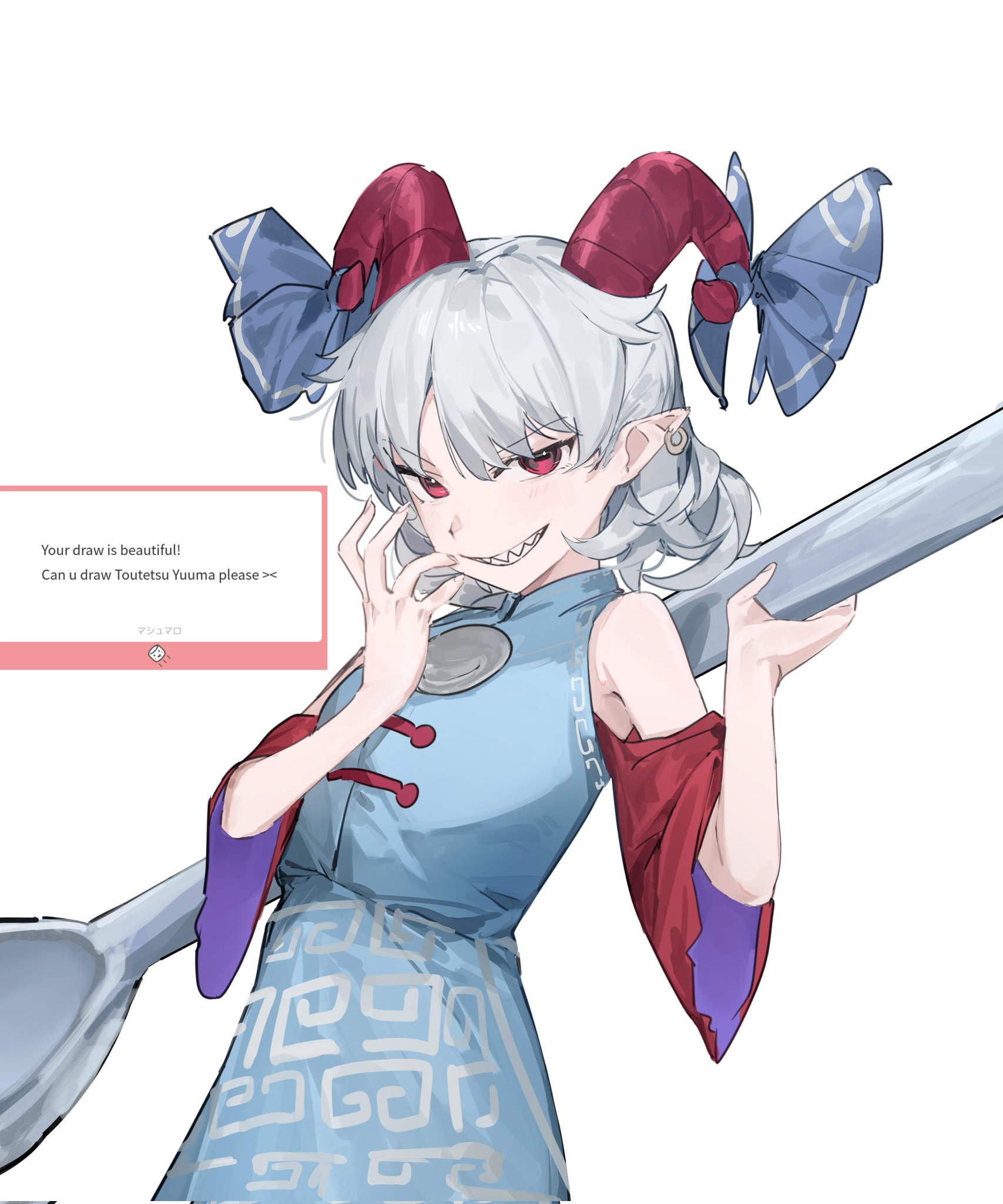 toutetsu yuuma, touhou, highres, 1girl, blue dress, detached sleeves, dress, earrings, holding, horn ornament, horn ribbon, horns, jewelry, meandros, open mouth, pointy ears, red eyes, red horns, red sleeves, ribbon, sharp teeth, sheep horns, short hair, solo, takoyaki5221, teeth, white hair