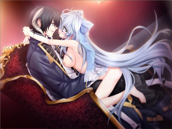 game cg, 1boy, 1girl, arms around neck, barefoot, black hair, blue hair, breasts, chair, eye contact, hair ornament, large breasts, long hair, looking at another, nipples, sitting, straddling, very long hair, white hair