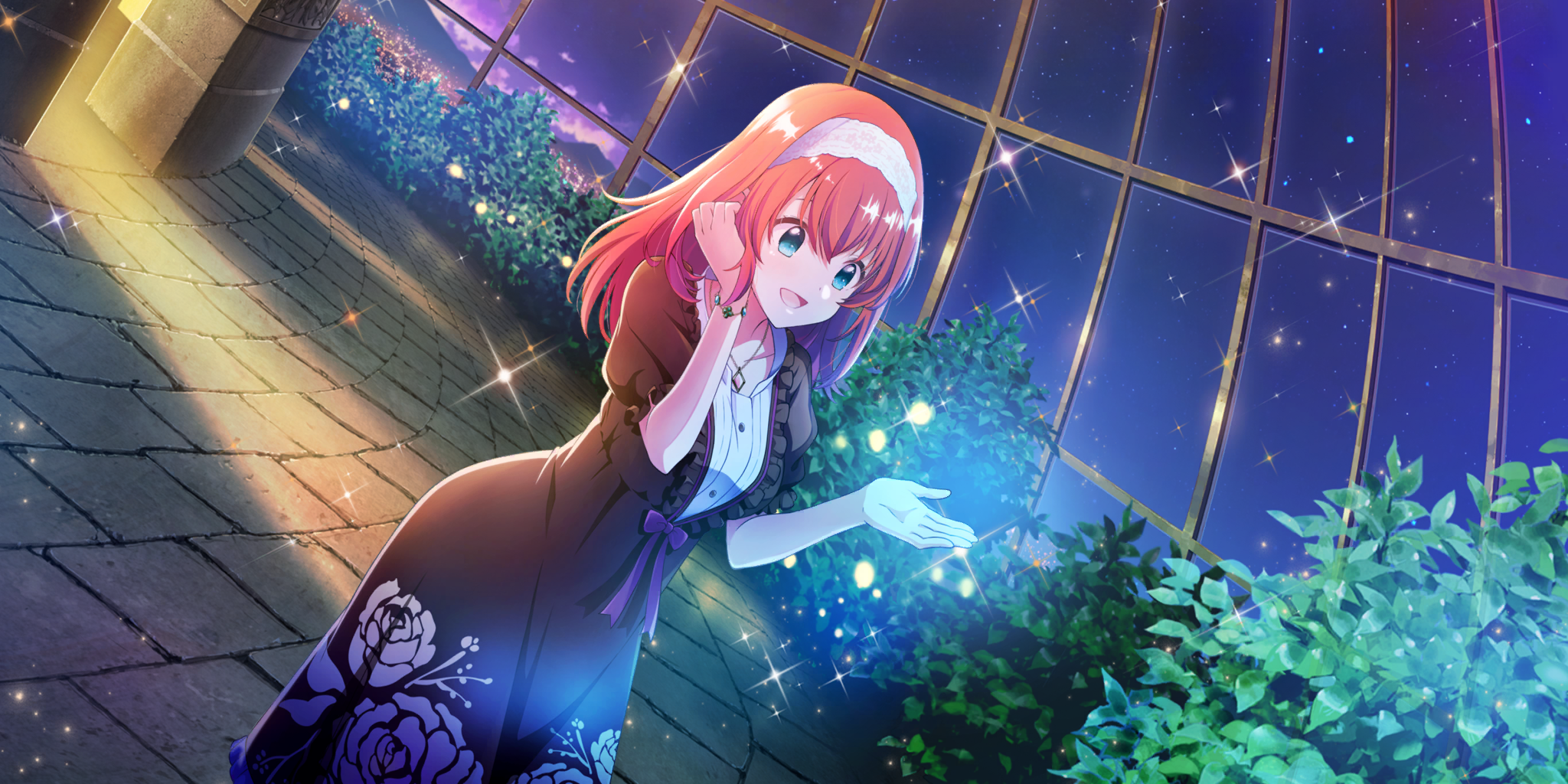 tiara (lapis re:lights), lapis re:lights, game cg, highres, third-party source, 1girl, :d, black dress, blue eyes, bracelet, breasts, bush, dot nose, dress, dutch angle, floral print, floral print dress, gem, glass dome, hairband, hand on own cheek, hand on own face, hands up, indoors, jewelry, long hair, medium breasts, necklace, night, night sky, open mouth, pink gemstone, print dress, red hair, rose print, short sleeves, sky, smile, solo, sparkle, star (sky), starry sky, stone walkway, white hairband