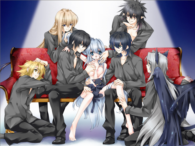 toujou sakana, ashe (under the moon), kyle (under the moon), leni (under the moon), seizh, sena (under the moon), unan, zero (under the moon), under the moon, silver hair, 1girl, 6+boys, animal ears, arm between breasts, barefoot, between breasts, blonde hair, blue eyes, blue hair, breasts, cat, clothed male nude female, couch, feet, grabbing another's breast, groping, long hair, male harem, multiple boys, nipples, nude, pointy ears, smile, very long hair, wings
