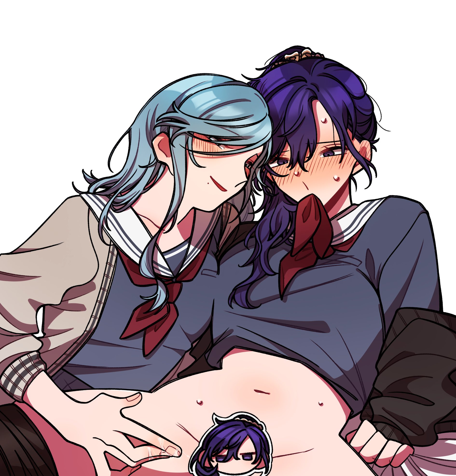 3s3677804311973, asahina mafuyu, hinomori shizuku, project sekai, commentary request, highres, 2girls, after fingering, black cardigan, blue hair, blush, bottomless, brown cardigan, cardigan, censored, character censor, clothes pull, grey shirt, long hair, mole, mole under mouth, multiple girls, neckerchief in mouth, necktie, novelty censor, pantyhose, pantyhose pull, parted lips, purple eyes, purple hair, pussy juice, pussy juice on fingers, red necktie, sailor collar, school uniform, serafuku, shirt, simple background, smile, white background, white sailor collar, yuri