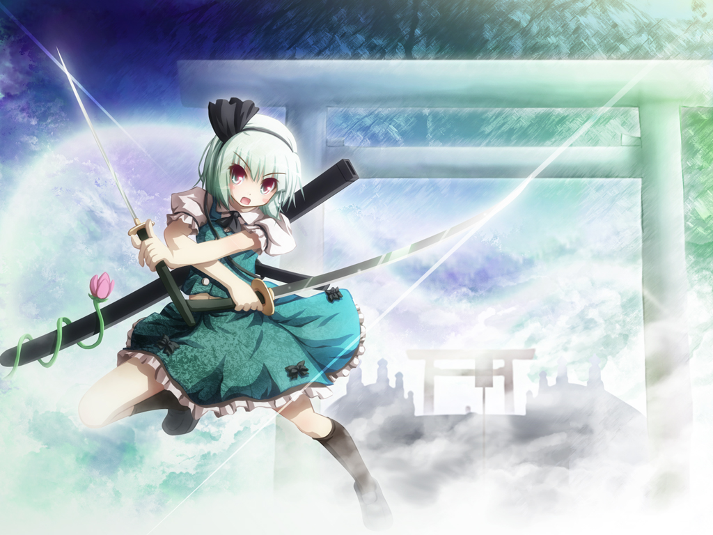 akashio (loli ace), konpaku youmu, konpaku youmu (ghost), touhou, bad id, bad pixiv id, 1girl, dual wielding, female focus, hitodama, holding, katana, solo, sword, tanto, weapon