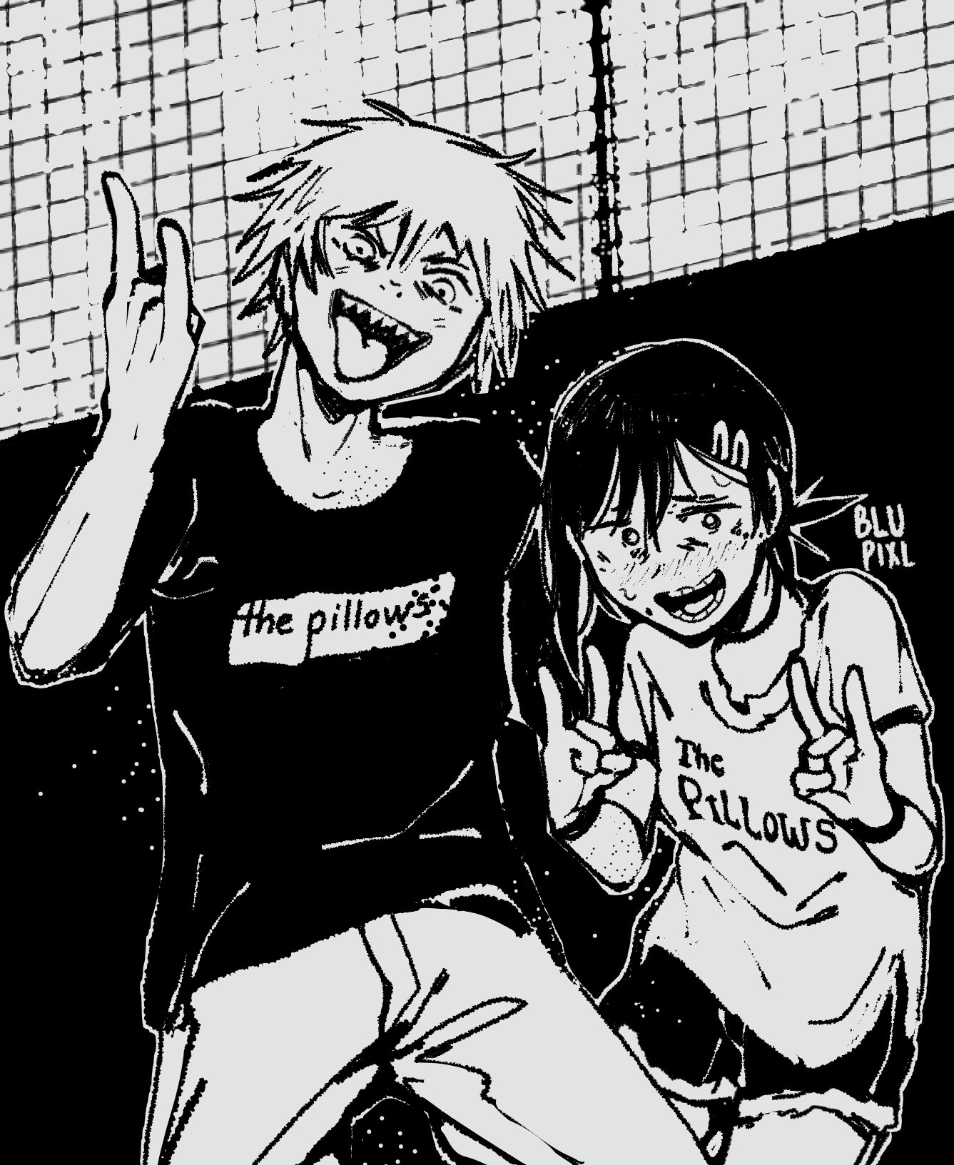 blupixl, denji (chainsaw man), higashiyama kobeni, chainsaw man, the pillows, highres, 1boy, 1girl, alternate costume, artist name, band shirt, clothes writing, denim, jeans, looking at viewer, merchandise, pants, sharp teeth, shirt, short hair, shorts, teeth, tongue, tongue out