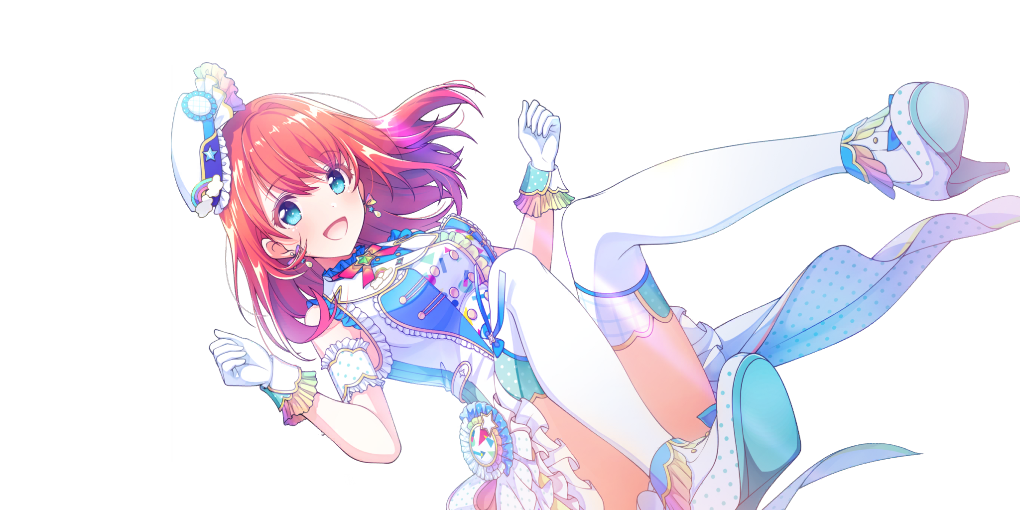 tiara (lapis re:lights), lapis re:lights, game cg, highres, official art, third-party source, 1girl, :d, armband, bare shoulders, blue dress, breasts, buttons, convenient leg, double-breasted, dress, earrings, gloves, hands up, hat, high heels, idol, idol clothes, jewelry, medium breasts, medium hair, open mouth, polka dot, red hair, sleeveless, sleeveless dress, smile, solo, thighhighs, transparent background, two-tone dress, white armband, white dress, white gloves, white hat, white thighhighs