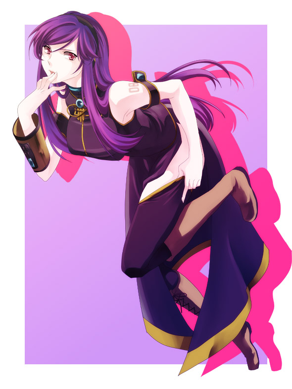 chobiichi, chobio, megurine luka, tieria erde, gundam, gundam 00, vocaloid, gender request, 1girl, bare shoulders, cosplay, female focus, genderswap, long hair, megurine luka (cosplay), purple hair, red eyes, side slit, solo, thighhighs