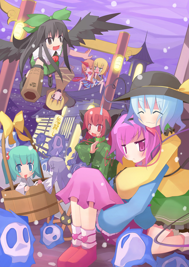 arashiya, hoshiguma yuugi, kaenbyou rin, kisume, komeiji koishi, komeiji satori, kurodani yamame, mizuhashi parsee, reiuji utsuho, touhou, bad id, bad pixiv id, 6+girls, bucket, cup, everyone, female focus, horns, in bucket, in container, multiple girls, sakazuki, single horn