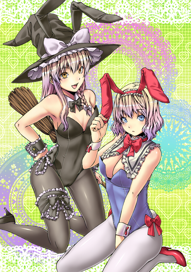 inuzuka bouru, alice margatroid, kirisame marisa, touhou, bad id, bad pixiv id, 2girls, adapted costume, alternate costume, animal ears, armpits, bare arms, bare shoulders, black bow, black bowtie, black leotard, black pantyhose, blonde hair, blue eyes, blue leotard, blush, bow, bowtie, braid, breasts, broom, cameltoe, cleavage, covered navel, detached collar, expressionless, eyebrows hidden by hair, eyes visible through hair, female focus, frilled thigh strap, frills, gradient hair, grey pantyhose, hair between eyes, hand on own hip, hand up, hat, hat bow, high heels, kneeling, leotard, medium breasts, multicolored hair, multiple girls, pantyhose, playboy bunny, rabbit ears, rabbit tail, red bow, red bowtie, ribbon, seiza, shoes, side braid, sidelocks, sitting, small breasts, smile, strapless, strapless leotard, tail, thigh strap, wariza, witch hat, wrist cuffs, yellow eyes