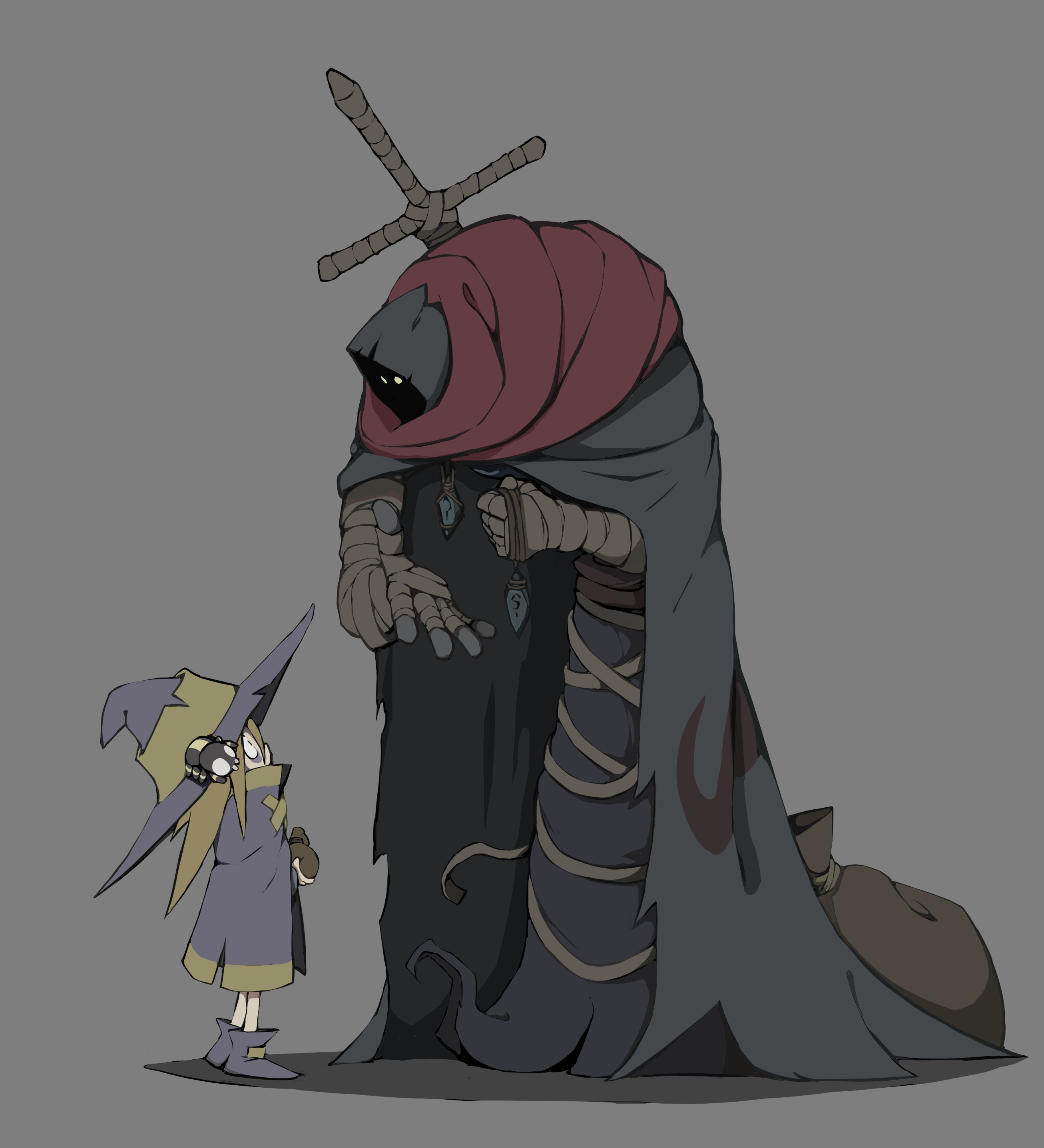 hongga, original, absurdres, highres, 1girl, 1other, bags under eyes, bandaged arm, bandaged hand, bandages, boots, brown hair, bug, cloak, colored skin, covered mouth, glowing, glowing eyes, grey background, grey skin, hat, holding, hood, long hair, looking at another, looking down, looking up, monster, purple boots, purple cloak, purple hat, shaded face, size difference, spider, standing, weapon, weapon on back, witch, witch hat