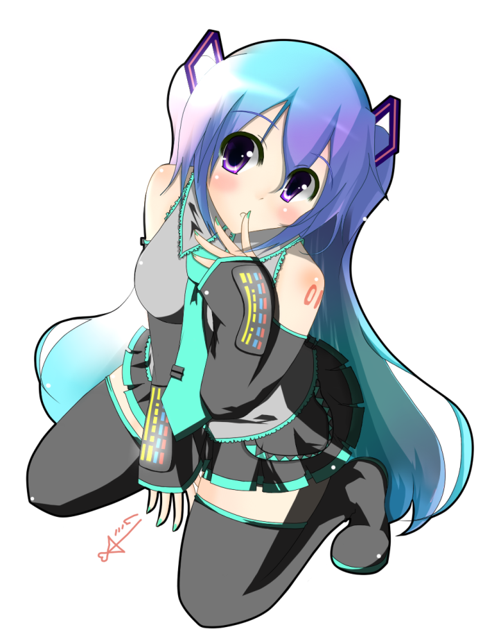 guunome, hatsune miku, vocaloid, 1girl, aqua hair, detached sleeves, female focus, green nails, long hair, multicolored hair, nail polish, necktie, purple eyes, skirt, solo, thighhighs, zettai ryouiki