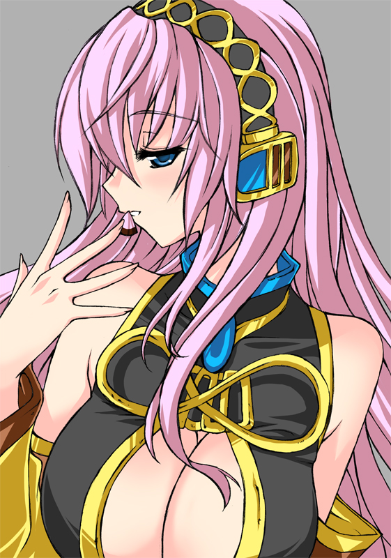 mushi024, megurine luka, vocaloid, 1girl, blue eyes, breasts, cleavage, female focus, headphones, long hair, open mouth, pink hair, simple background, solo