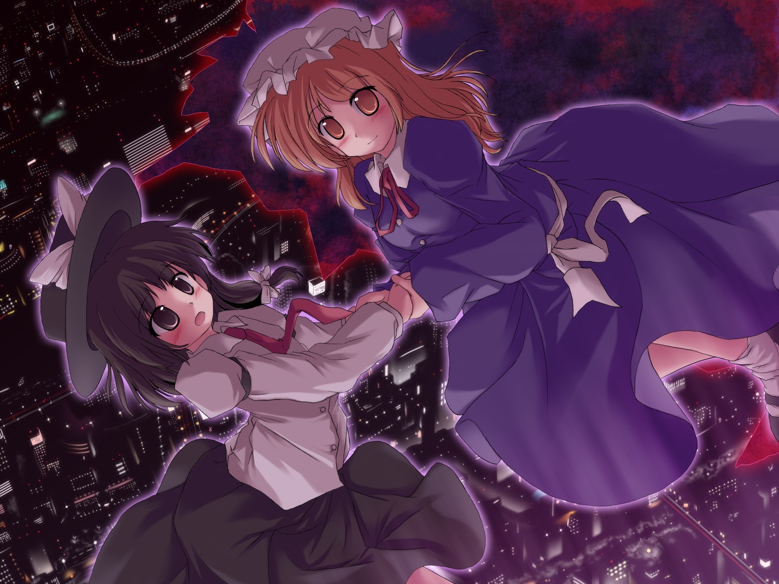 lzh, maribel hearn, usami renko, ghostly field club, touhou, black footwear, black headwear, red neckwear, wallpaper, white headwear, white legwear, highres, 2girls, asymmetrical hair, black skirt, blonde hair, bow, brown eyes, brown hair, building, buttons, city, cityscape, collar, dress, gap, hair bow, hat, holding hands, long hair, long sleeves, mary janes, mob cap, multiple girls, necktie, night, purple dress, red ribbon, ribbon, sash, shirt, shoes, short hair, skirt, skyscraper, socks, white bow, white collar, white shirt, yellow eyes