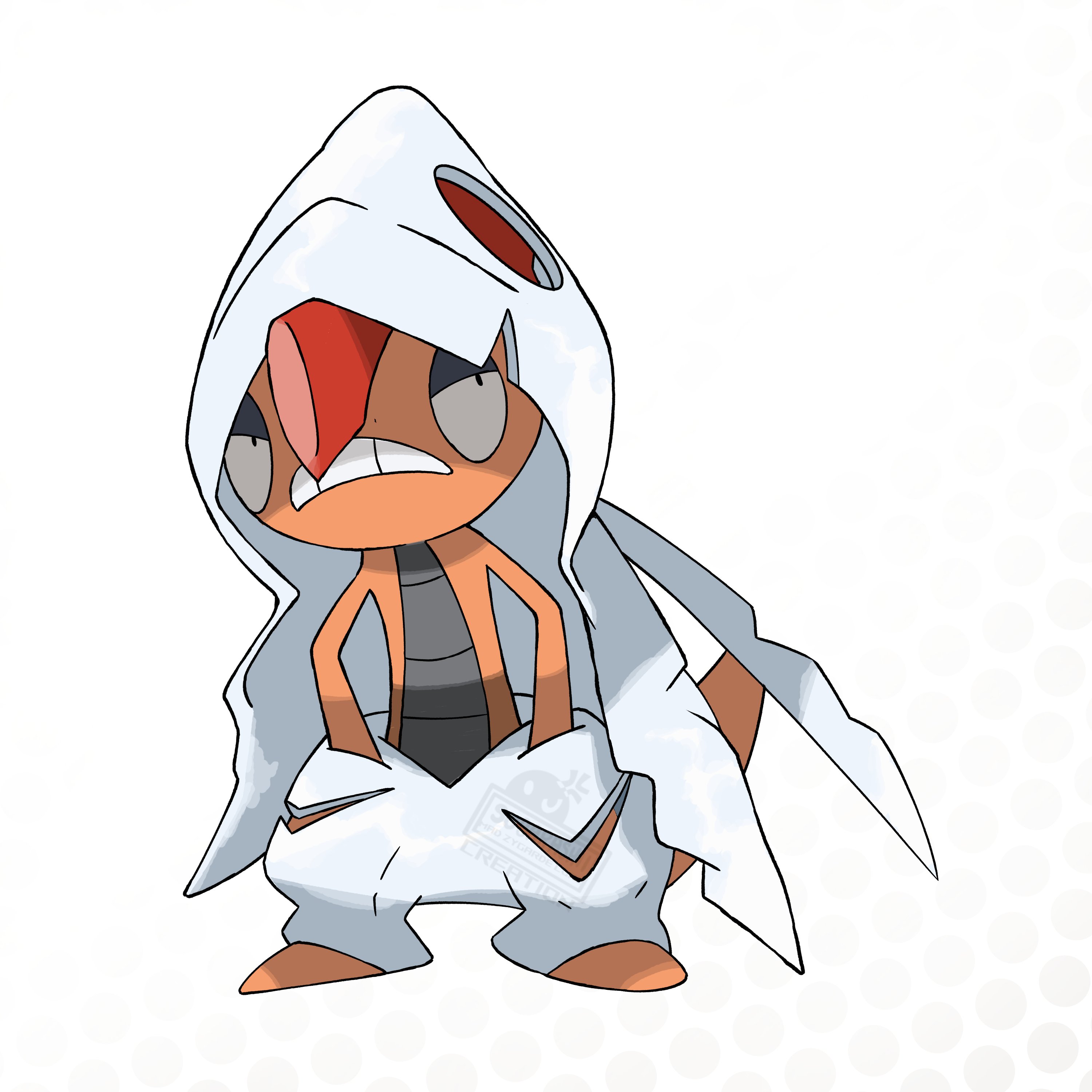 madzygardecore, scrafty, nintendo, pokemon, absurdres, highres, colored skin, gen 5 pokemon, half-closed eyes, lizard, mega pokemon, mega scrafty, mohawk, no humans, official style, orange skin, pants, pokemon (creature), pokemon focus, red hair, shedding, shedding skin, tail, teeth, v-shaped eyes, white hood, white pants, white skin, wide-eyed