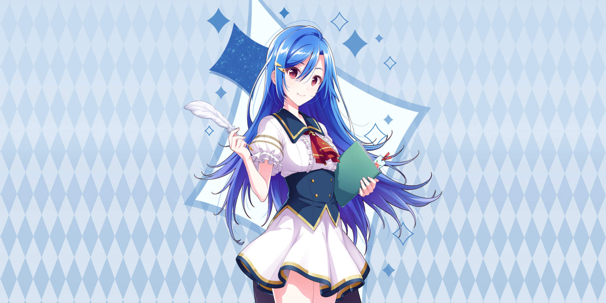 rosetta (lapis re:lights), lapis re:lights, game cg, highres, official art, third-party source, 1girl, argyle background, blue background, blue corset, blue hair, blue sailor collar, book, bookmark, breasts, buttons, closed mouth, corset, cowboy shot, dot nose, double-breasted, dress, feathers, hair between eyes, hair ornament, hairclip, hand up, holding, holding book, holding quill, long hair, looking at viewer, medium breasts, puffy short sleeves, puffy sleeves, quill, red eyes, sailor collar, school uniform, short sleeves, smile, solo, sparkle background, underbust, white dress, white feathers