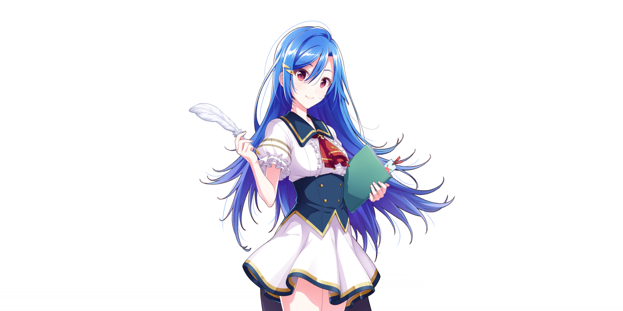 rosetta (lapis re:lights), lapis re:lights, game cg, highres, official art, third-party source, 1girl, blue corset, blue hair, blue sailor collar, book, bookmark, breasts, buttons, closed mouth, corset, cowboy shot, dot nose, double-breasted, dress, feathers, hair between eyes, hair ornament, hairclip, hand up, holding, holding book, holding quill, long hair, looking at viewer, medium breasts, puffy short sleeves, puffy sleeves, quill, red eyes, sailor collar, school uniform, short sleeves, smile, solo, transparent background, underbust, white dress, white feathers