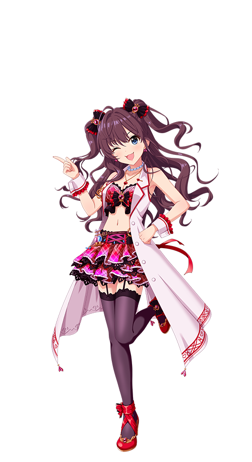 ichinose shiki, idolmaster, idolmaster cinderella girls, idolmaster cinderella girls starlight stage, official art, 1girl, blue eyes, breasts, cleavage, earrings, full body, garter straps, idol clothes, jewelry, navel, necklace, one eye closed, one leg raised, open mouth, red hair, skirt, solo, thighhighs, transparent background, twintails, wrist cuffs