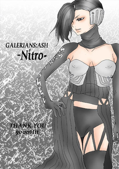 nitro (galerians), galerians, galerians: ash, tagme, 1girl, armor, black hair, breastplate, breasts, female focus, frontal ponytail, garter belt, gloves, hair over one eye, headband, jewelry, markings, ponytail, ring, skirt, solo