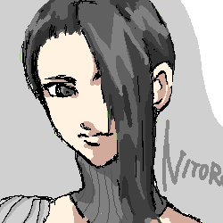 nitro (galerians), galerians, galerians: ash, aliasing, lowres, tagme, 1girl, black eyes, black hair, frontal ponytail, grey background, hair over one eye, half smile, looking at viewer, ponytail, typo