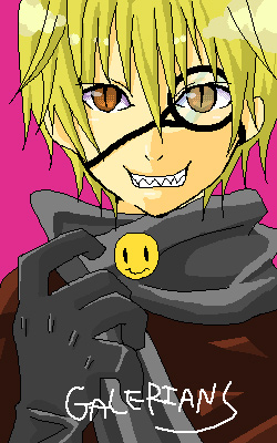 parano (galerians), galerians, galerians: ash, magenta background, lowres, tagme, 1boy, blonde hair, brown eyes, fangs, gloves, goggles, knife, male focus, monogoggle, simple background, slit pupils, smile, smiley face, solo