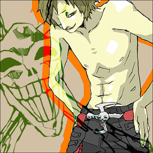 parano (galerians), galerians, galerians: ash, lowres, tagme, 1boy, abs, belt, blonde hair, brown eyes, pants, skull, smile, topless male