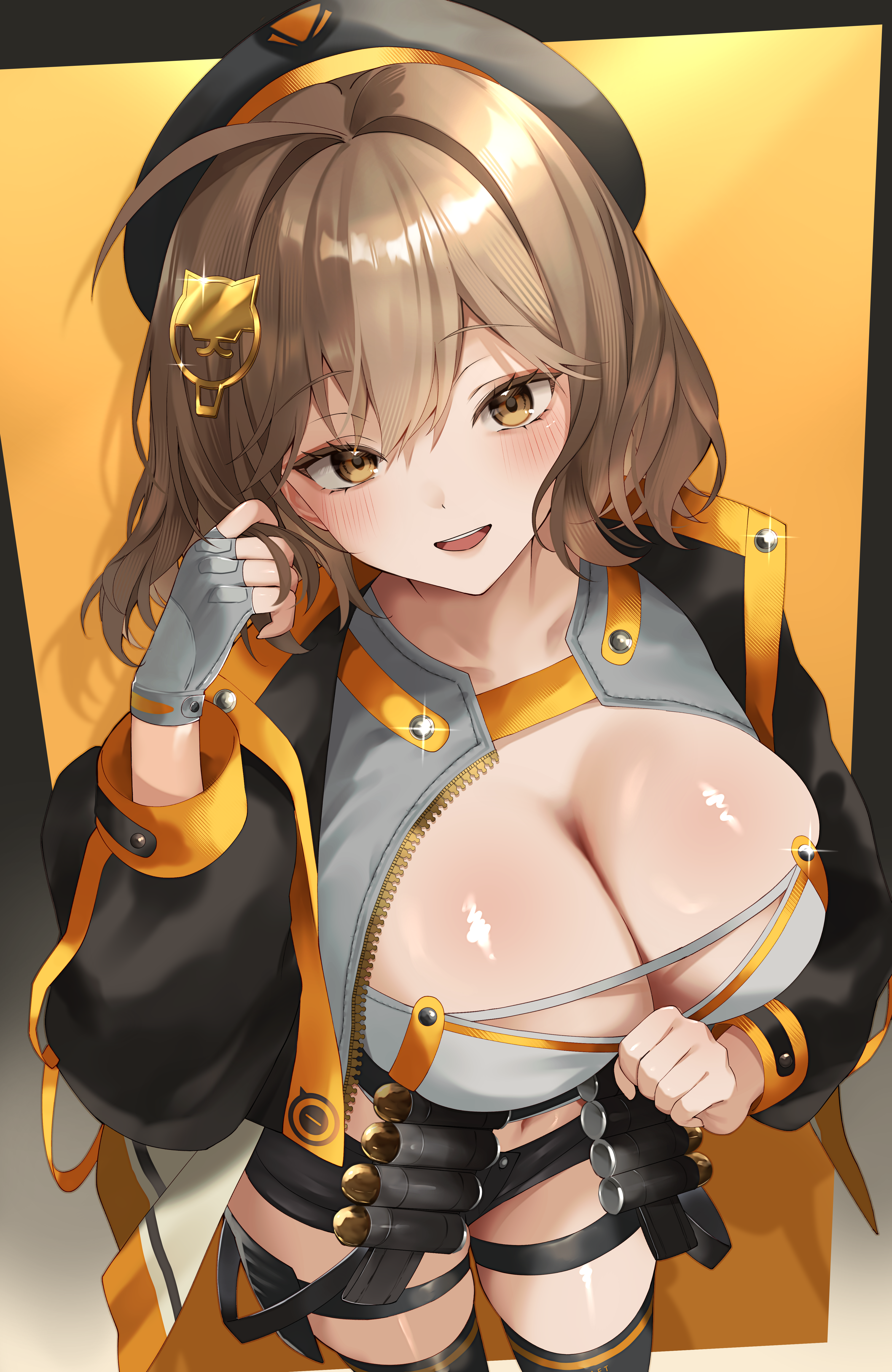 nigi (ngmnoym), anis (nikke), goddess of victory: nikke, absurdres, commentary request, highres, 1girl, ahoge, ammunition belt, beret, black hat, black jacket, black shorts, black thighhighs, blush, breasts, brown eyes, brown hair, cat hair ornament, cleavage, fingerless gloves, gloves, grey gloves, hair ornament, hand in own hair, hat, huge breasts, jacket, large breasts, long sleeves, looking at viewer, midriff, navel, open mouth, shiny skin, short hair, short shorts, shorts, smile, solo, tank top, teeth, thigh strap, thighhighs, thighs, upper teeth only, valentine, white tank top