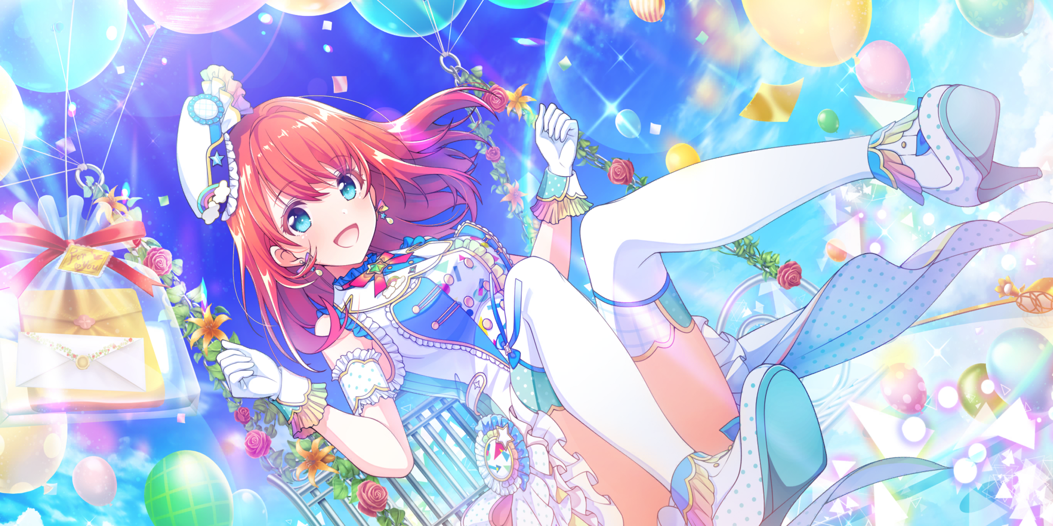 tiara (lapis re:lights), lapis re:lights, game cg, highres, official art, third-party source, 1girl, :d, armband, bag, balloon, bare shoulders, blue dress, blue sky, breasts, buttons, convenient leg, day, double-breasted, dress, dutch angle, earrings, envelope, gloves, hands up, hat, high heels, idol, idol clothes, jewelry, lens flare, medium breasts, medium hair, on swing, open mouth, outdoors, plastic bag, polka dot, red hair, sky, sleeveless, sleeveless dress, smile, solo, sparkle, swing, thighhighs, two-tone dress, white armband, white dress, white gloves, white hat, white thighhighs