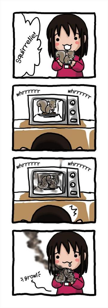 hard-translated, third-party edit, translated, 4koma, :3, comic, english text, microwave, squirrel