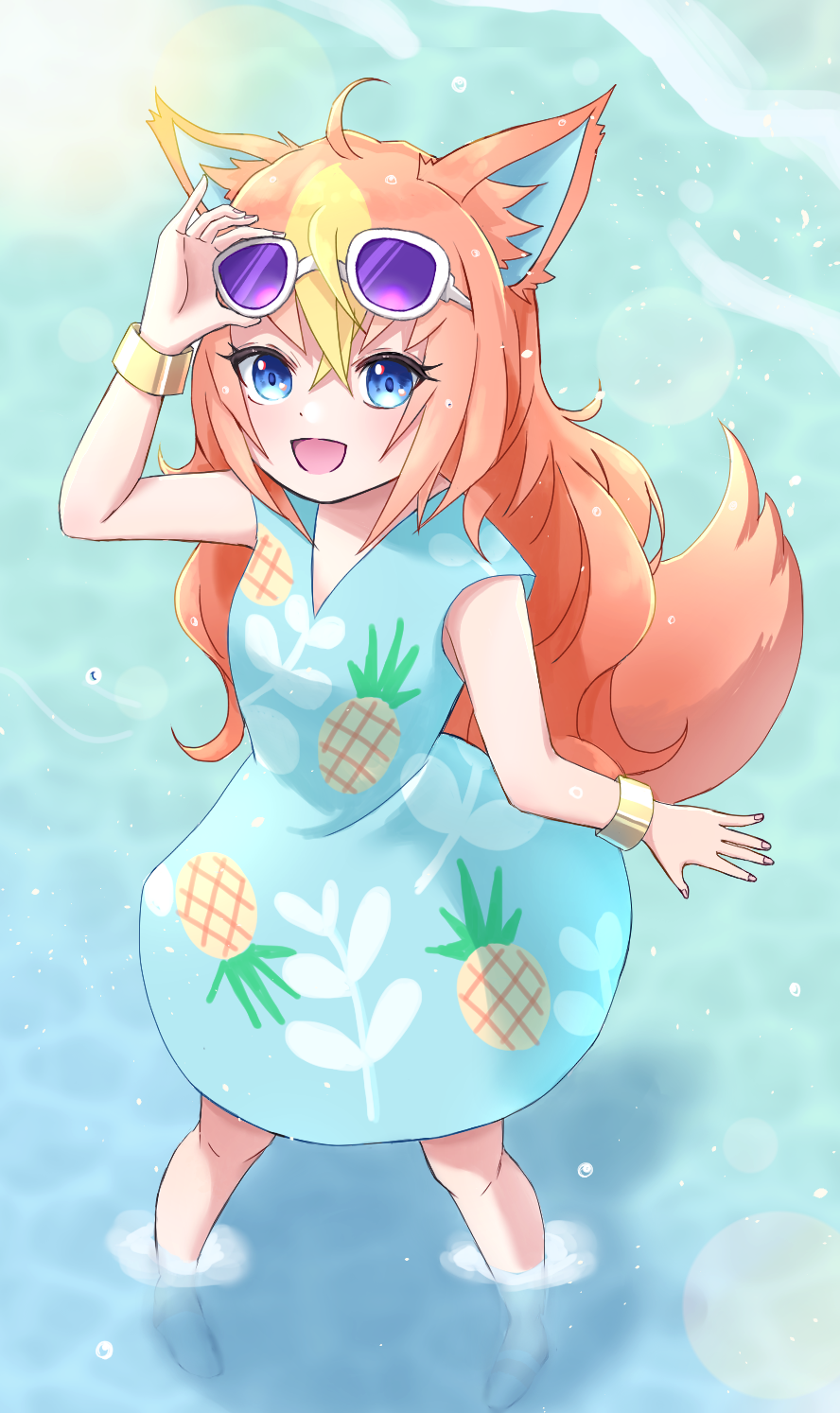 raid (minmiru), audie (animal crossing), animal crossing, nintendo, highres, 1girl, animal ears, animification, blonde hair, eyewear on head, humanization, looking at viewer, open mouth, orange hair, personification, pineapple print, purple-tinted eyewear, smile, sunglasses, tinted eyewear, wolf ears, wolf girl