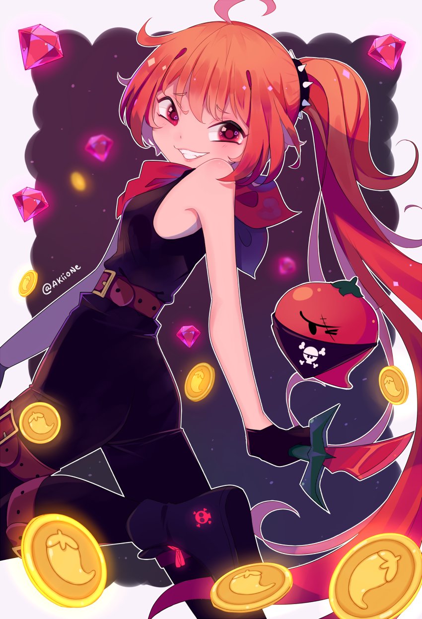 yoyochaan, chili pepper cookie, cookie run, highres, 1girl, belt, black gloves, coin, dagger, diamond (gemstone), gem, gloves, holding, holding dagger, holding knife, holding weapon, humanization, knife, ponytail, red eyes, red hair, solo, weapon