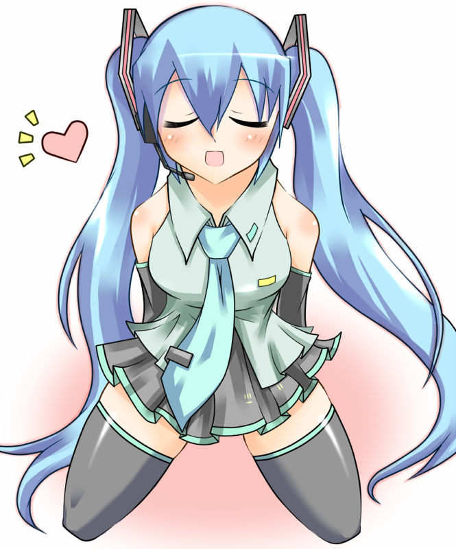 guunome, hatsune miku, vocaloid, blue hair, closed eyes, detached sleeves, headset, heart, long hair, necktie, skirt, solo, thighhighs, twintails, zettai ryouiki