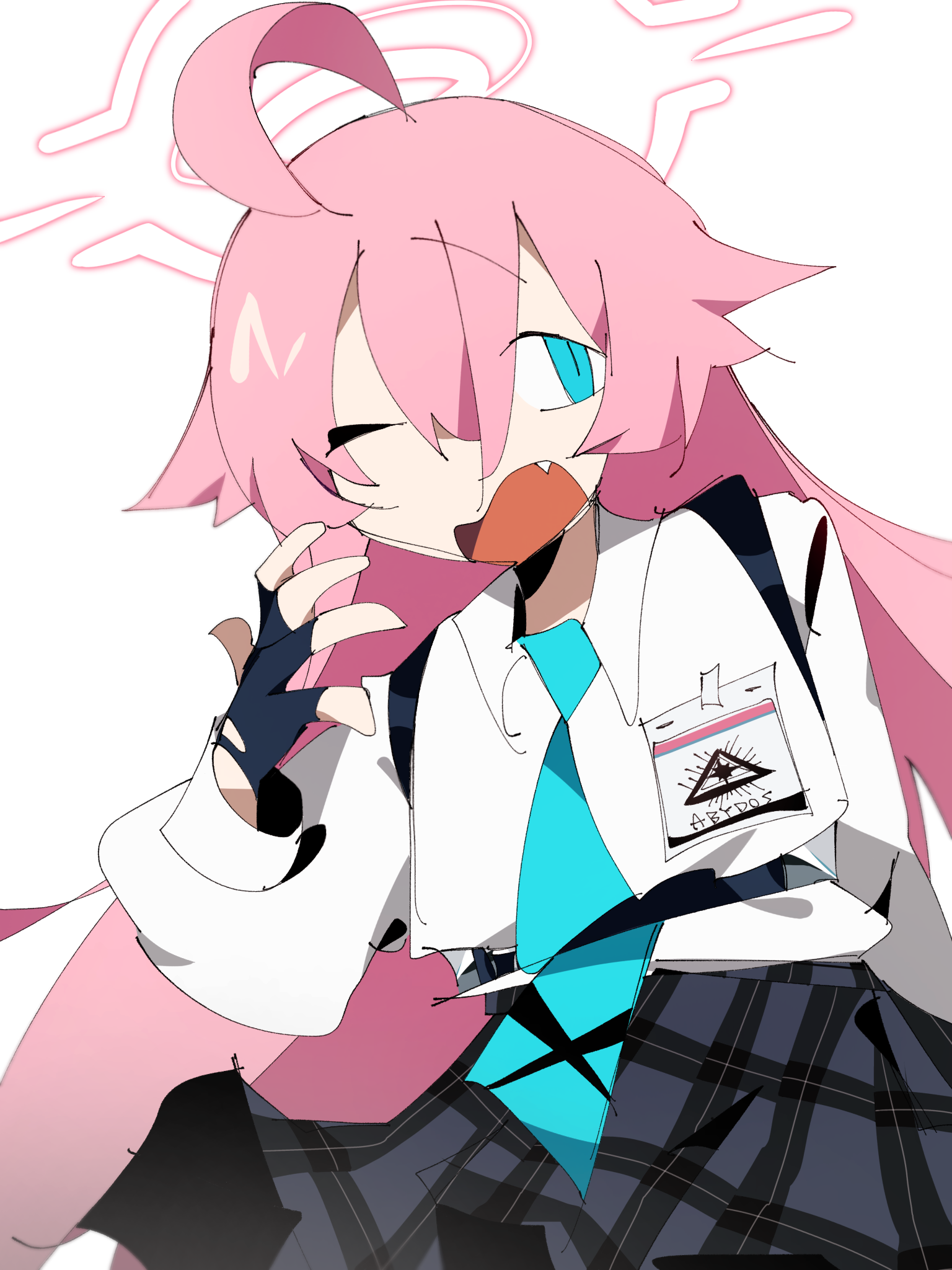 hoshino (blue archive), blue archive, highres, 1girl, ahoge, airrrrrrrrrr123, blue eyes, hair between eyes, halo, heterochromia, long hair, long sleeves, looking at viewer, necktie, open mouth, pink hair, pink halo, shirt, simple background, skirt, solo, very long hair, white shirt, yellow eyes