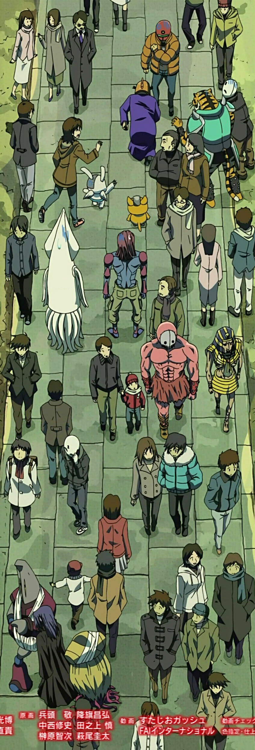 general vamp, kayoko, sunred, uchida kayoko, tentai senshi sunred, absurdres, anime screenshot, character request, highres, long image, stitched, tagme, tall image, third-party edit, 00s, 6+boys, 6+girls, ancient egyptian clothes, beanie, child, coat, colored skin, creature, facing away, facing viewer, from above, full body, hands in pockets, hat, japanese text, multiple boys, multiple girls, muscular, muscular male, outdoors, pink skin, running bond, scarf, squid, standing, stone floor, sweatdrop, tentacles, tiger, walking