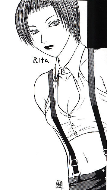 rita (galerians), galerians, tagme, 1girl, halterneck, monochrome, short hair, skirt, suspenders