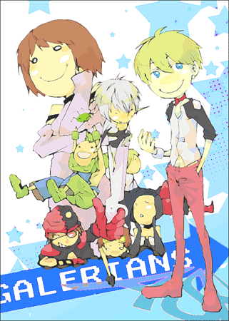 ash (galerians), leo the spider, lilia (galerians), lilia pascalle, nitro (galerians), parano (galerians), pat (galerians), rion (galerians), rion steiner, spider (galerians), galerians, galerians: ash, silver hair, character request, lowres, tagme, 2girls, 6+boys, armor, black hair, blonde hair, blue eyes, breastplate, brown hair, bug, chibi, collar, copyright name, earrings, frontal ponytail, gloves, goggles, hat, jewelry, knife, looking at viewer, monogoggle, multiple boys, multiple girls, pants, ponytail, red hair, red pants, short hair, smile, spider, star (symbol), wristband