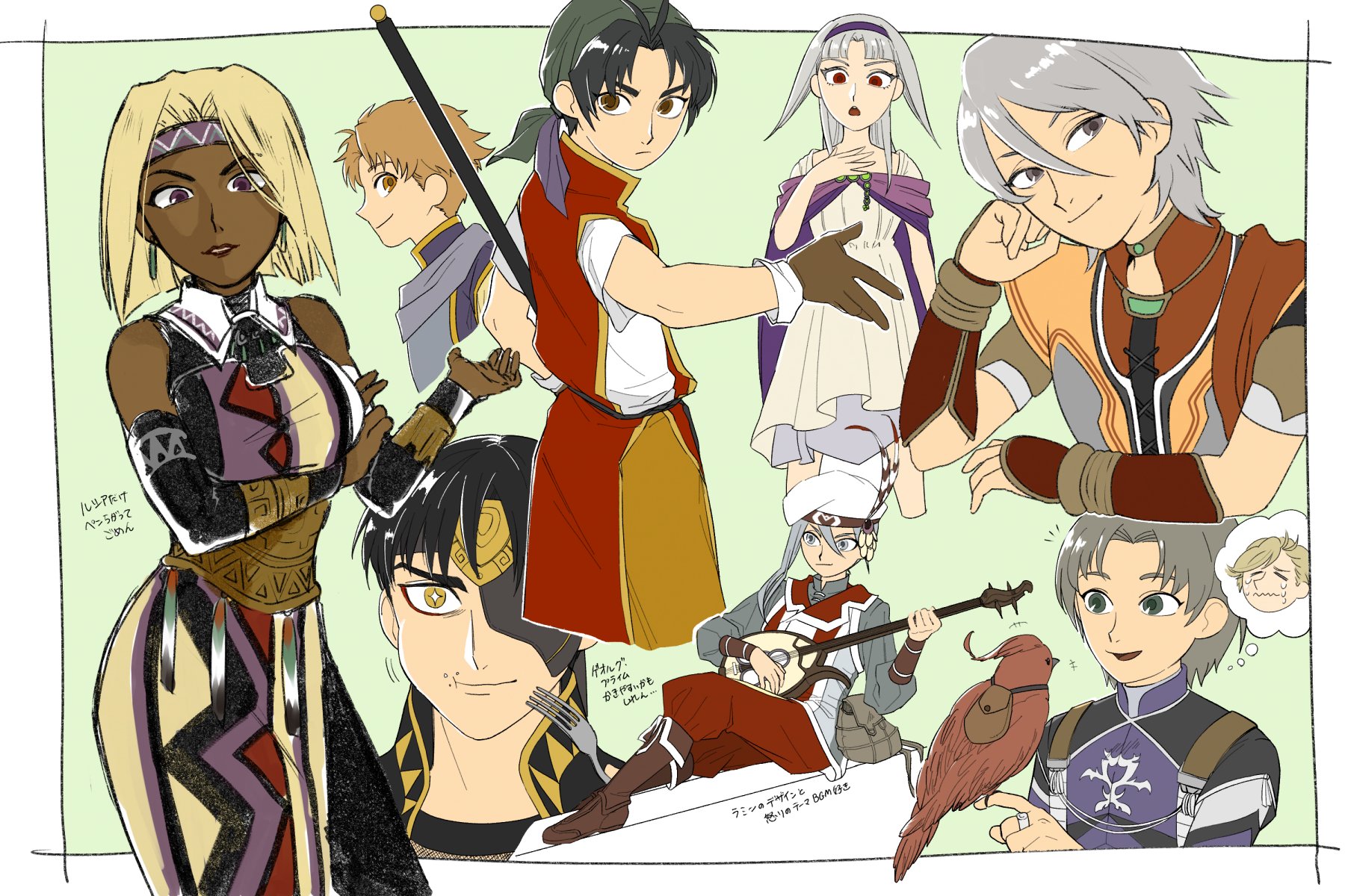 meiyagami, georg prime, lucia (suikoden), sasarai (suikoden), sierra mikain, ted (suikoden), tir mcdohl, gensou suikoden, gensou suikoden i, gensou suikoden ii, gensou suikoden iv, highres, bandana, blonde hair, brown eyes, brown gloves, dark-skinned female, dark skin, eyepatch, fork, gloves, grey eyes, grey hair, holding, holding staff, red eyes, staff