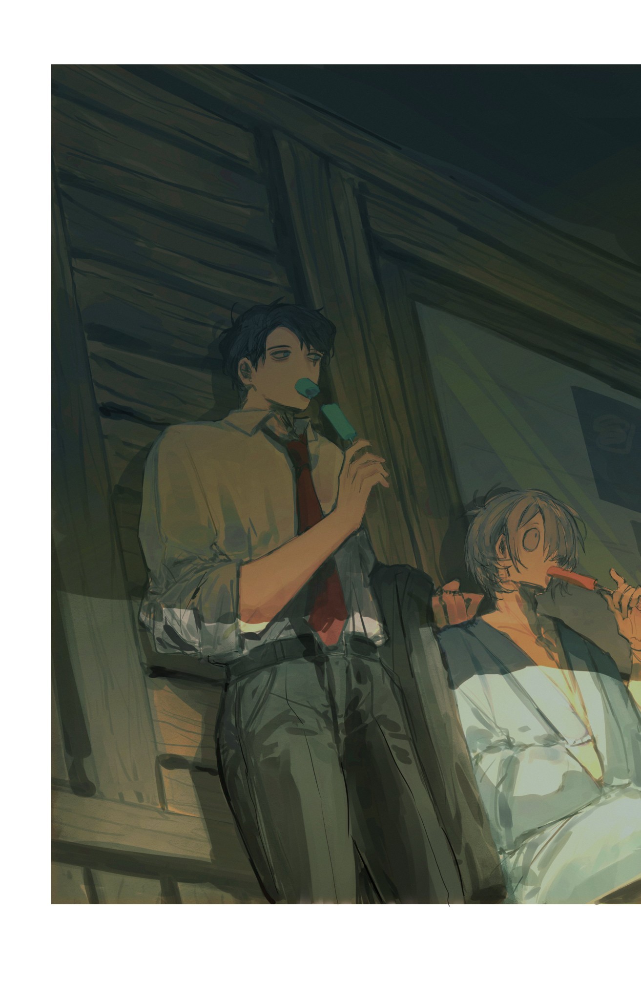 retortbox, medama oyaji (human), mizuki (gegege no kitarou), gegege no kitarou, kitarou tanjou: gegege no nazo, highres, 2boys, against wall, bags under eyes, black hair, black pants, blue eyes, blue kimono, border, collared shirt, food, grey hair, hair over one eye, holding, holding food, holding jacket, holding popsicle, holding unworn clothes, jacket, japanese clothes, kimono, long sleeves, male focus, multiple boys, necktie, outdoors, pants, popsicle, red necktie, shirt, short hair, unworn jacket, white border, white shirt