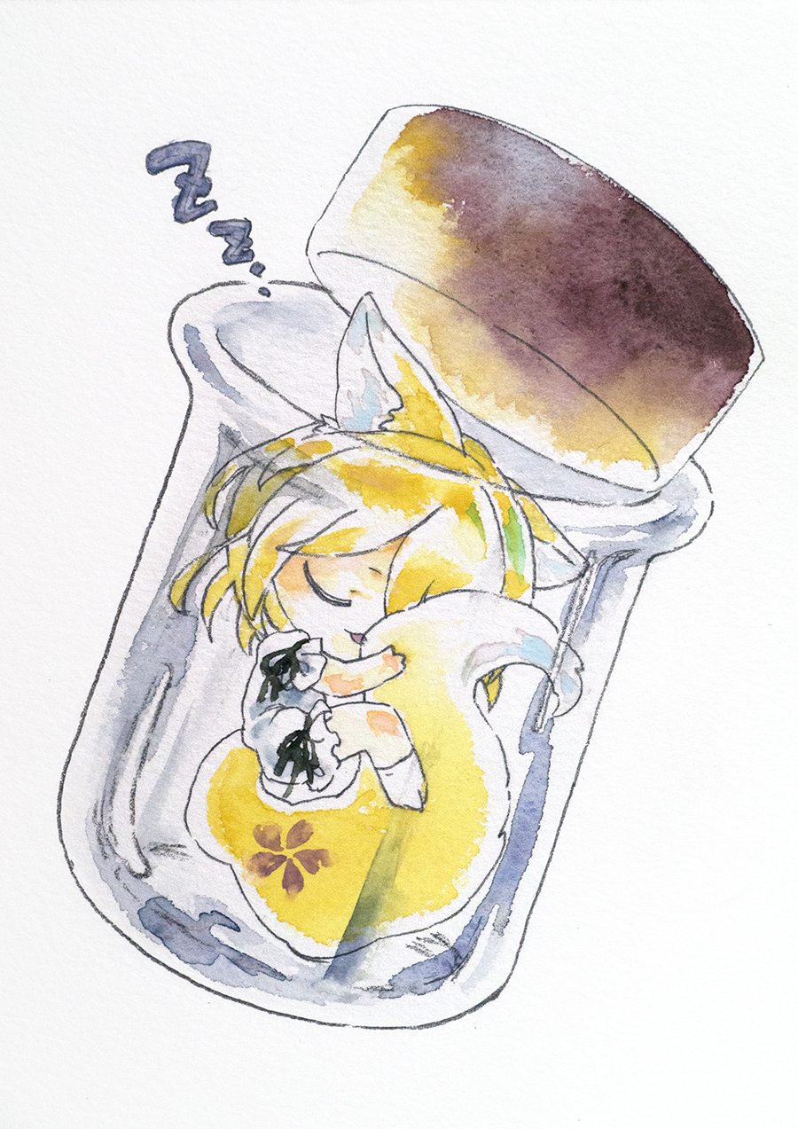 ikeda ruriko, kudamaki tsukasa, touhou, commission, highres, pixiv commission, 1girl, animal ears, blonde hair, chibi, fox ears, fox tail, sleeping, solo, spoken zzz, tail, test tube, white background, zzz