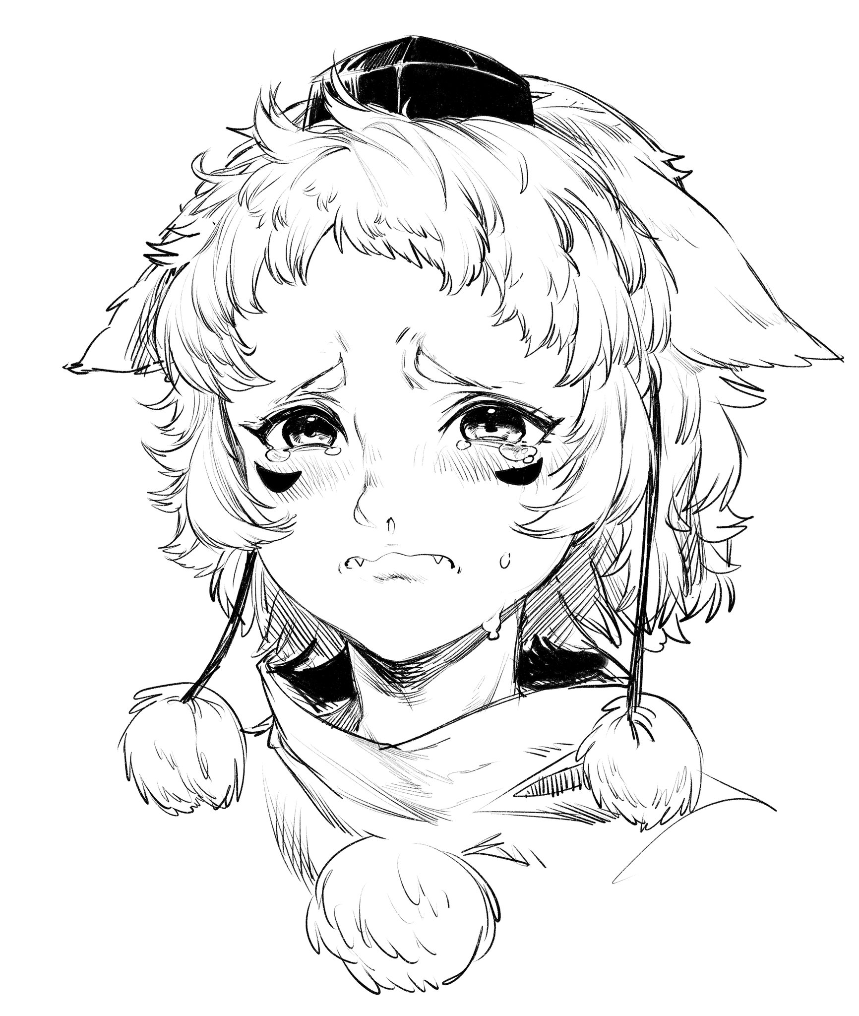 foam (awa), inubashiri momiji, touhou, highres, 1girl, animal ears, closed mouth, crying, crying with eyes open, ears down, fangs, greyscale, hat, monochrome, sad, short hair, simple background, solo, tears, tokin hat, wolf ears