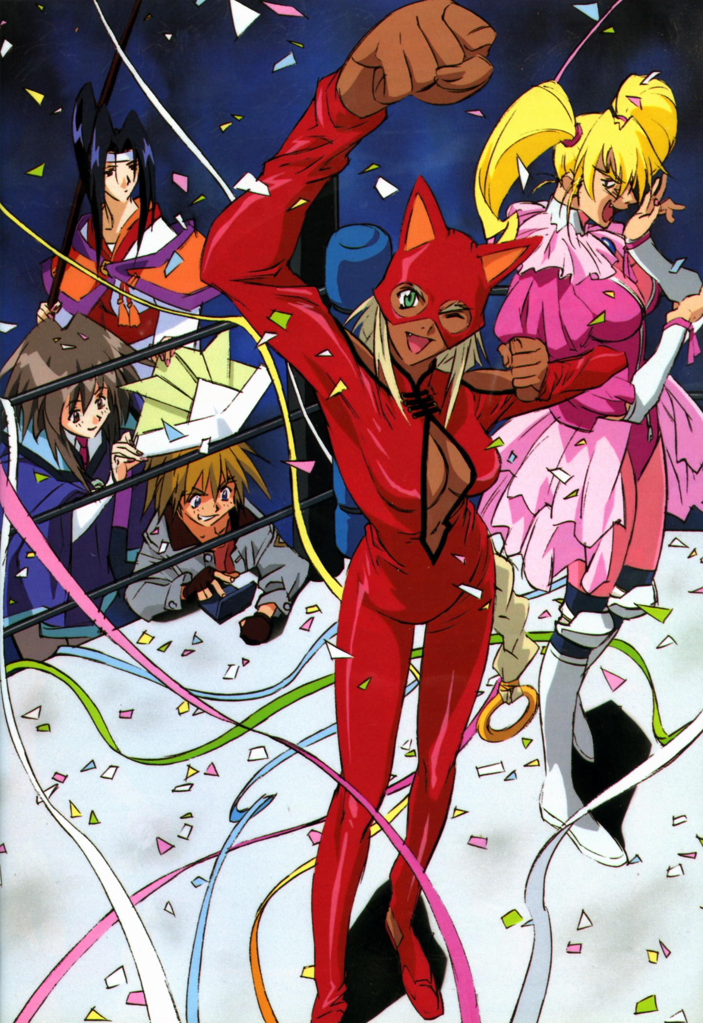 aisha clanclan, gene starwind, james hawking, melfina, melfina (outlaw star), twilight suzuka, outlaw star, silver hair, highres, official art, 1990s (style), 2boys, 3girls, alternate costume, animal ears, aqua eyes, black hair, blonde hair, blue eyes, braid, breasts, brown eyes, brown hair, cat ears, cleavage, cleavage cutout, clothing cutout, confetti, crossdressing, dark skin, fang, fictional persona, firecat, green eyes, hat, jewelry, laughing, long hair, medium breasts, multiple boys, multiple girls, navel, one eye closed, open mouth, origami, pointy ears, ponytail, retro artstyle, ring, short hair, single braid, twintails, wig, wink, wrestler, wrestling ring